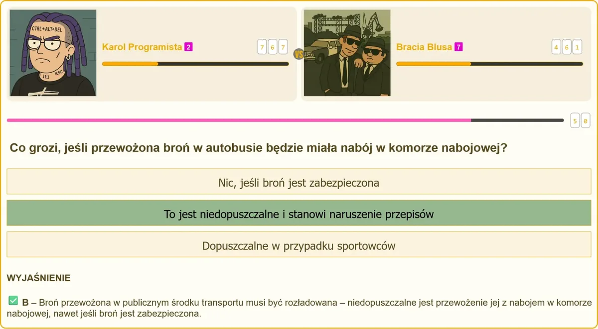 Pytanie testowe o przewożenie broni z nabojem w komorze nabojowej