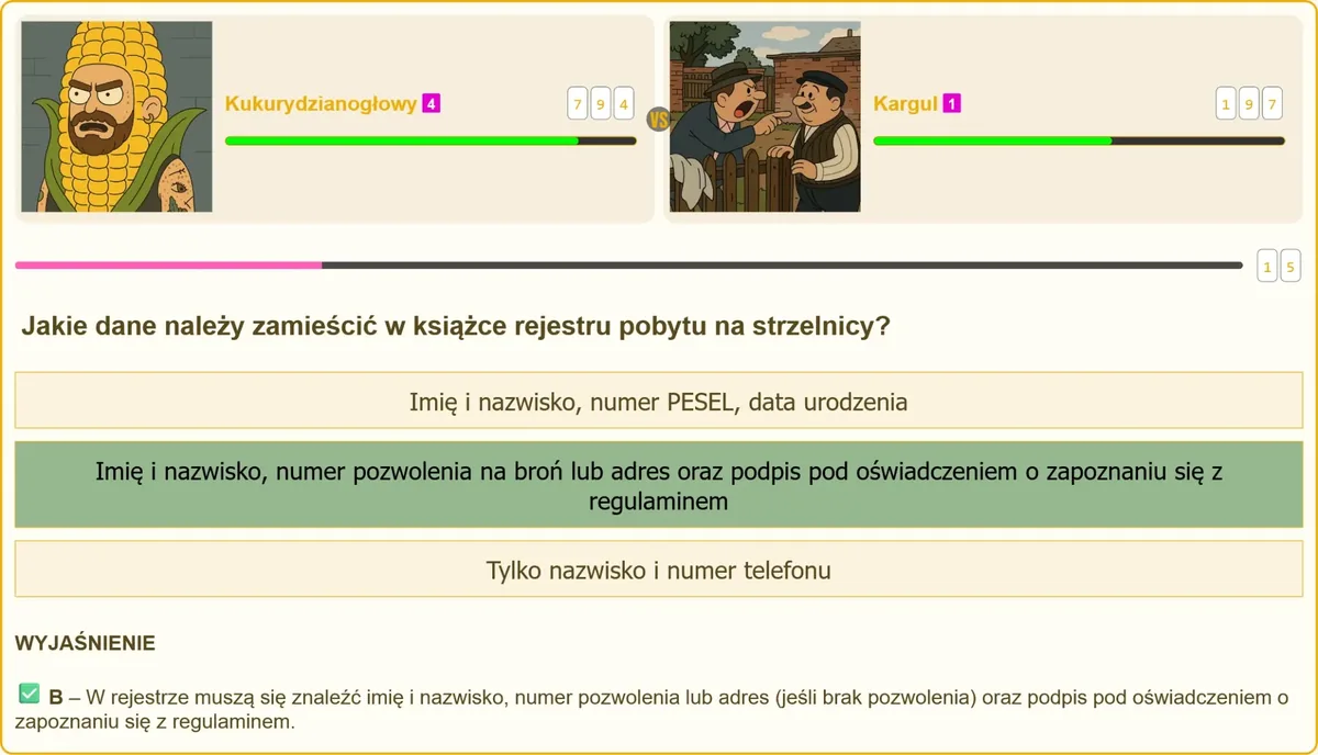 Dane wymagane w rejestrze pobytu na strzelnicy