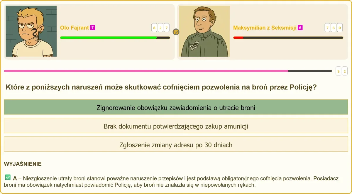 Pytanie testowe o cofnięcie pozwolenia na broń z podkreśloną poprawną odpowiedzią