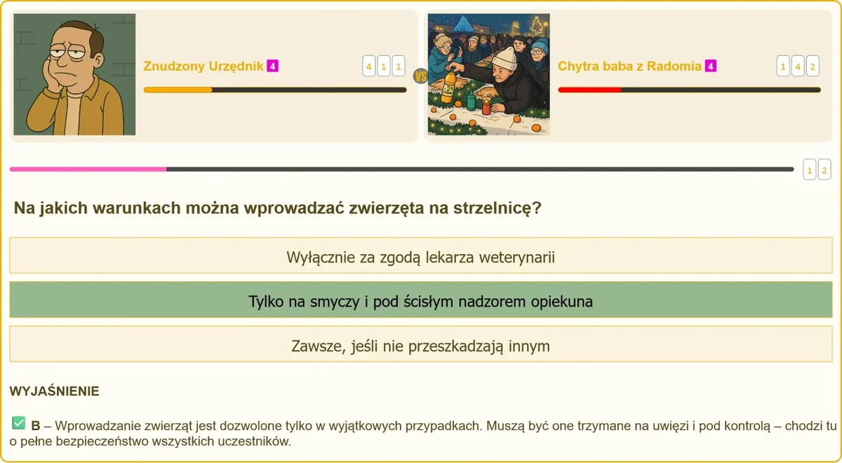 Zwierzę na smyczy pod nadzorem opiekuna na strzelnicy